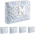 Alphabet Makeup Bag Cosmetic Bag for Women, Christmas Gifts for Age 11-18, Personalized Floral Coquette Travel Bag, Trendy Stuff Zipper Make Up Pouch Organizer Bag (Blue Floral M)