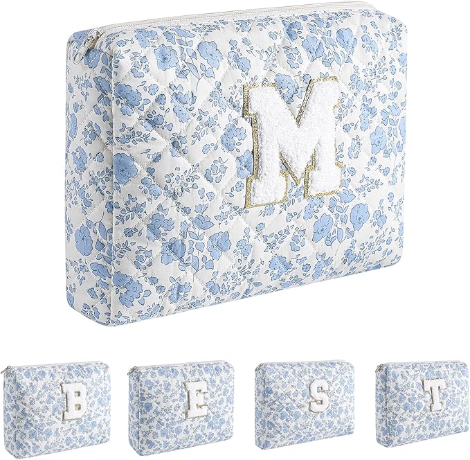 Alphabet Makeup Bag Cosmetic Bag for Women, Christmas Gifts for Age 11-18, Personalized Floral Coquette Travel Bag, Trendy Stuff Zipper Make Up Pouch Organizer Bag (Blue Floral M)