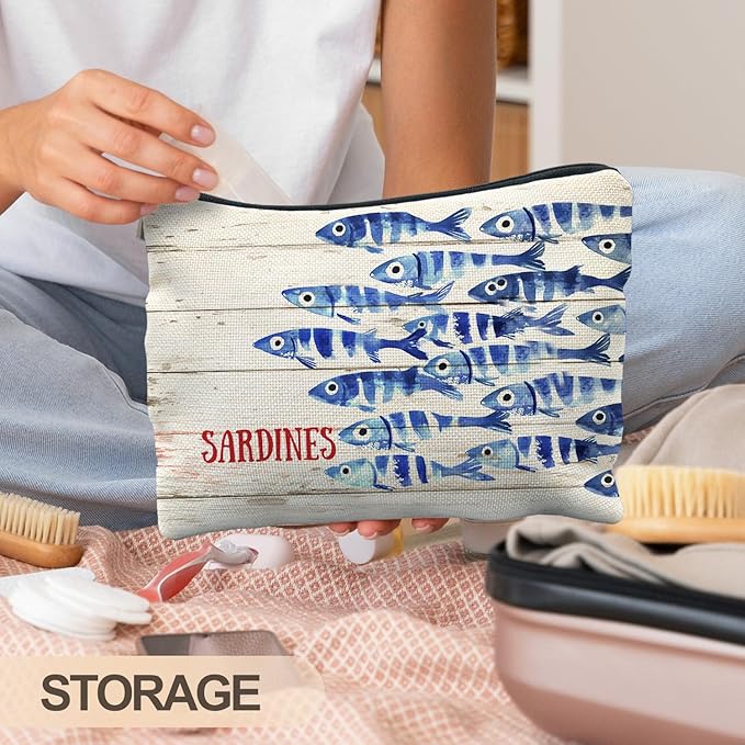 Vintage Sardine Fish Makeup Bag, Ocean Beach Lovers Gifts Cosmetic Bags for Women, Gifts for Fishing Lovers, Retro Nautical Beach Zipper Makeup Pouch