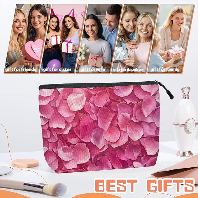 Cosmetic Bags Travel Makeup Toilet Case Waterproof Pouch for Women Girls 6.7X9.45inches - Pink Petals in A Layered Composition