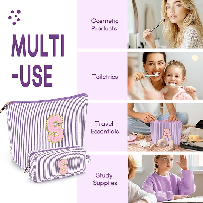 mibasies 2 PCS Initial Makeup Bags for Women: - Birthday Gifts for Teen Girls 11 12 13 14 15 16 Years Old - Preppy Trendy Stuff - Cosmetic Bag for Travel Toiletry - Purple S
