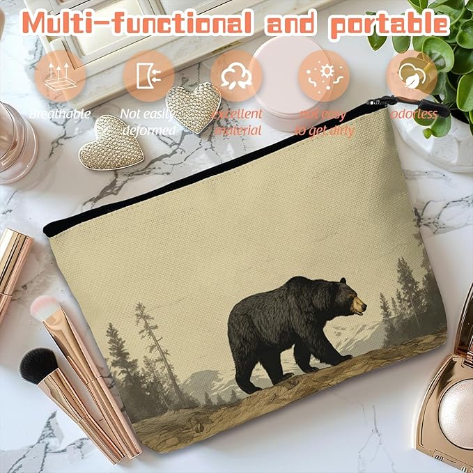 Cosmetic Bags Travel Makeup Toilet Case Waterproof Pouch for Women Girls 6.7X9.45inches - Black Bear Walking in A Mountainous Forest Landscape