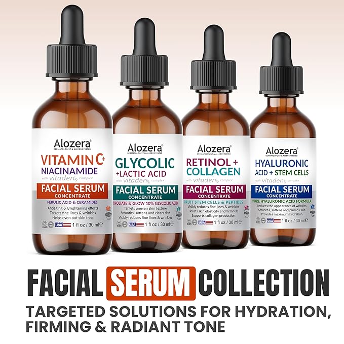 Alozera Vitamin C Facial Serum with Niacinamide & Ferulic Acid, Anti-Aging Serum for Visible Brightening, Glowing & Radiant Skin, Concentrated, Gentle & Effective, Day & Night