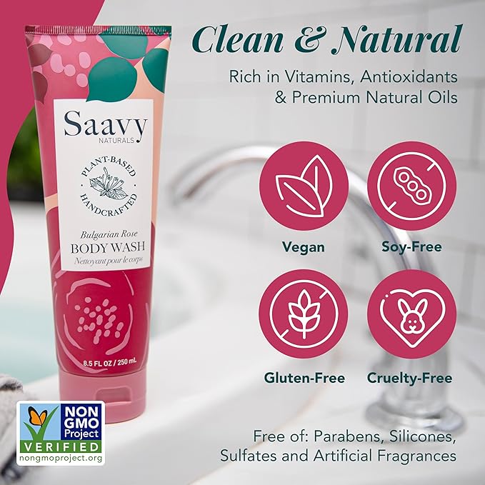Saavy Naturals Body Wash Bulgarian Rose Plant-Based Ingredients| Made In USA | Sensitive Skin Body Washl Organic Formula With Coconut Oil, Shea Butter, And Aloe Vera - 8.5 Fl Oz, 2 Pack