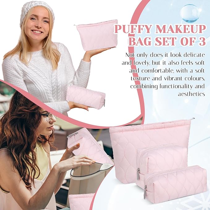 3 Pcs Puffy Makeup Bag Quilted Cosmetic Pouch for Women Cute Water drop Travel Toiletry Bag Puffer Makeup Organizer Purse Pouch Preppy Pencil Case with Zipper(Light Pink)