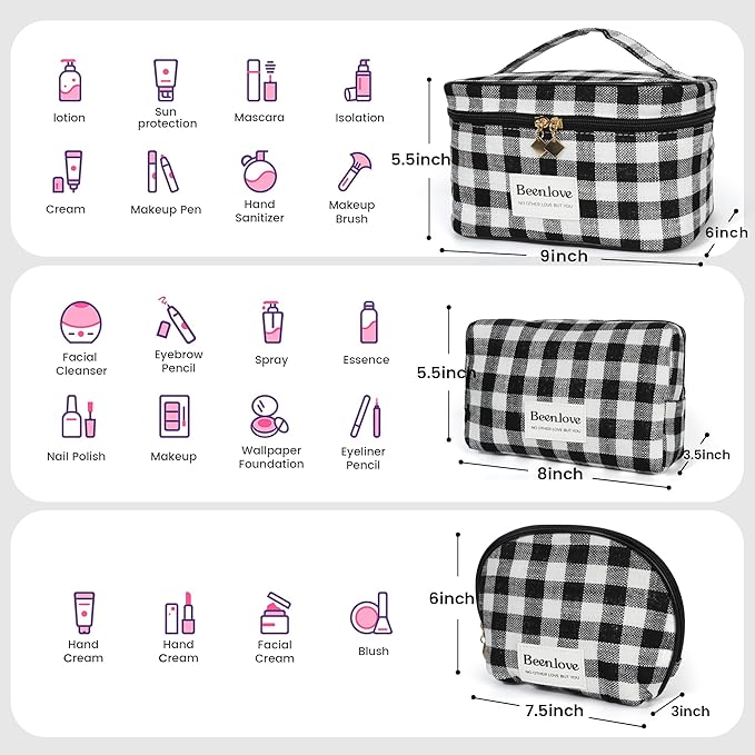 FAELBATY Makeup Bags for Women, 3 PCS Large Travel Makeup Bag Set, Checkered Fabric Cosmetic Bag for Toiletry (Black)