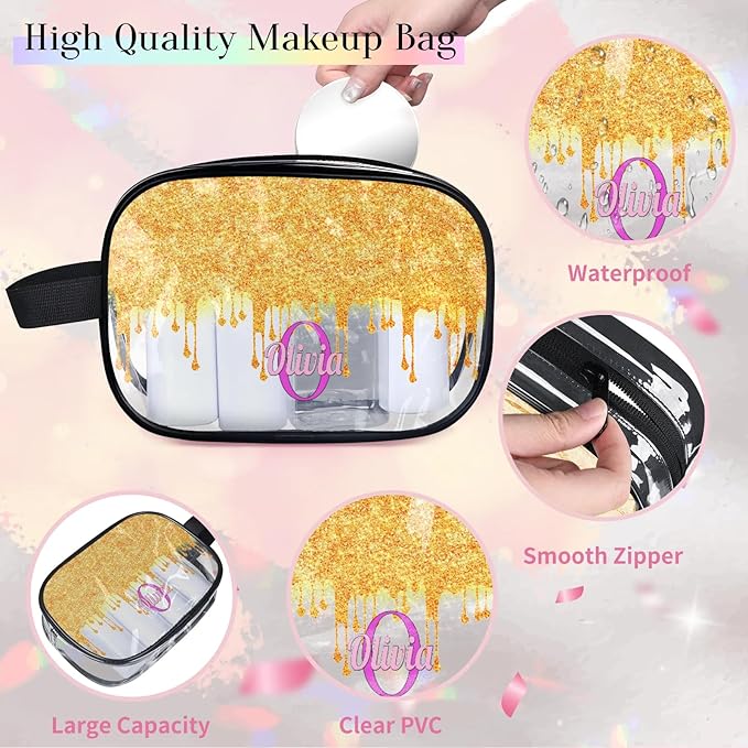 Personalized Clear Makeup Bag with Name, Best Friends Teen Women Mom Birthday Gift PVC Cosmetic Toiletry Travel Bag for Toiletries, Gold Color Bling Glittering