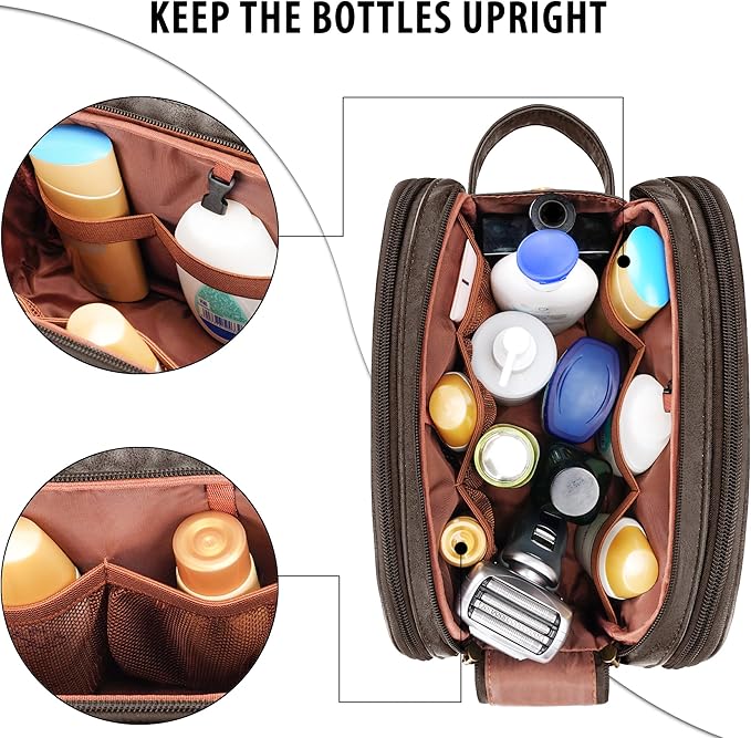 Travel Toiletry Bag for Men, Large Hanging Toiletries Organizer Bags for Women, Cruise Ship Essentials, Water-resistant Shaving Case, PU Leather Makeup Accessories Cosmetic Dopp Kit, Dark Brown