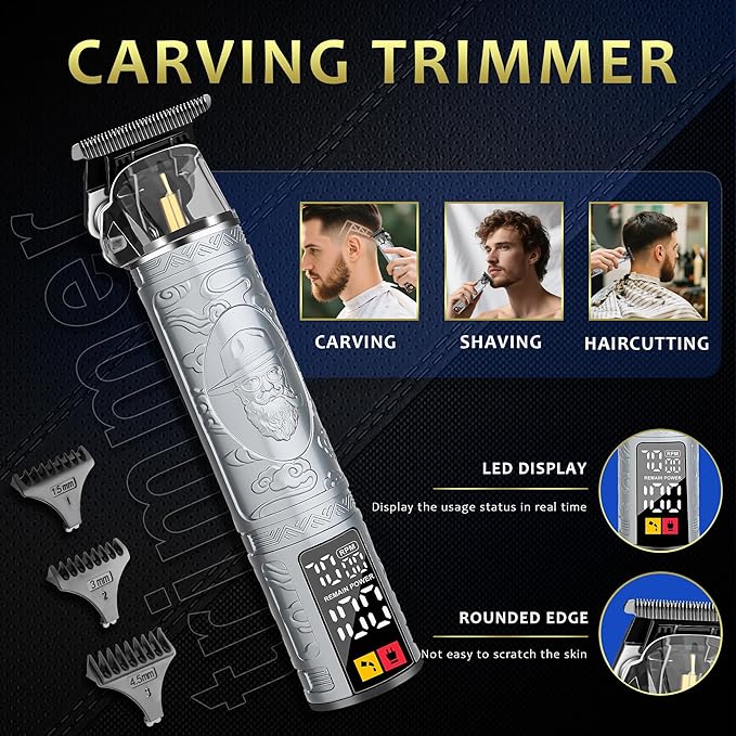 Professional Silver Hair Clippers for Men Cordless Barber Kit with Trimmer, Stainless Steel Blades, Adjustable Lever, LED Display, Type-C Charging Grooming Set Gifts,Ideal for Home Baber & Travel