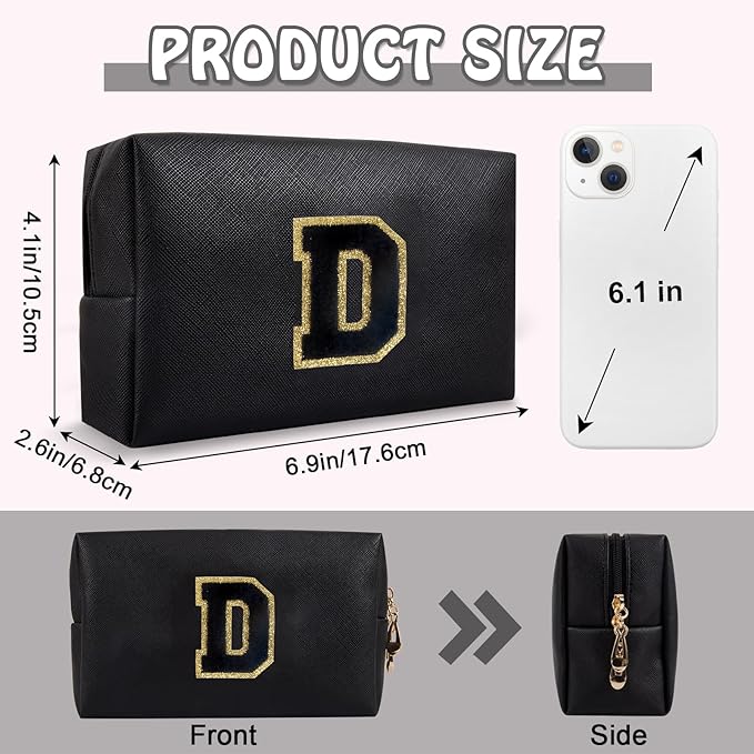 Personalized Chenille Letter Preppy Makeup Bag, Small Cute Mini Travel Toiletry Bag Initial Cosmetic Zipper Pouch for Purse, Waterproof Makeup Case Storage Travel Essentials for Her Daughter(Letter D)