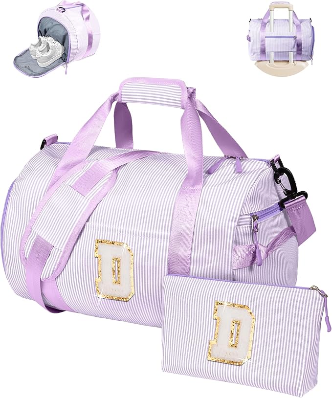 6 Year Old Girl Birthday Gifts, Girls Travel Duffle Bag, Kids Initial Overnight Duffel Bags with Shoe Compartment, Personalized Dance Bag with Cosmetic Pouch, Christmas Gift (Letter D)