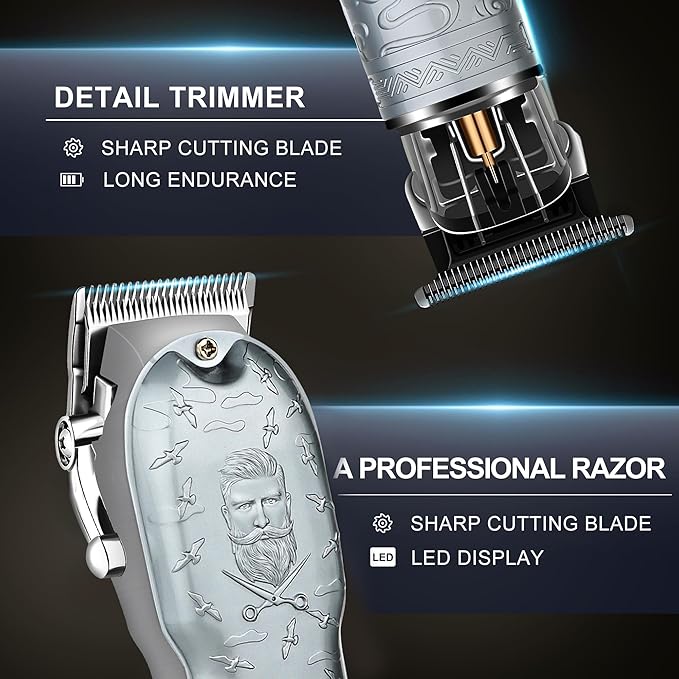 Professional Silver Hair Clippers for Men Cordless Barber Kit with Trimmer, Stainless Steel Blades, Adjustable Lever, LED Display, Type-C Charging Grooming Set Gifts,Ideal for Home Baber & Travel