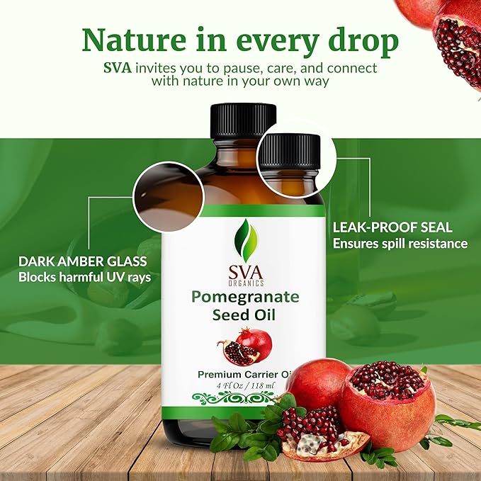 SVA Pomegranate Seed Organic - 4 Fl Oz – 100% Natural Cold Pressed Organic Pomegranate Oil - for Face, Skin Care, Hair Care, Scalp Massage & Body Massage – Carrier Oil with Dropper