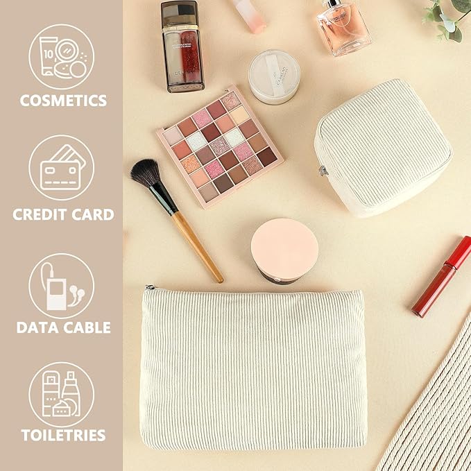 Corduroy Makeup Bag, Travel Cosmetic Bag Organizer Toiletry Bag Make Up Bags with Zipper & Compartments for Women Girls