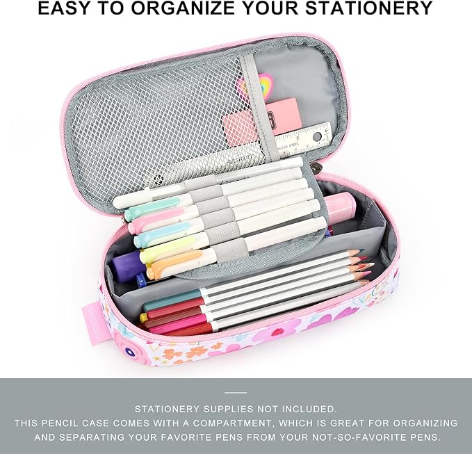 mibasies Girls Pencil Case for Kids, Multi-Slot Pencil Pouch, Flower Pink White