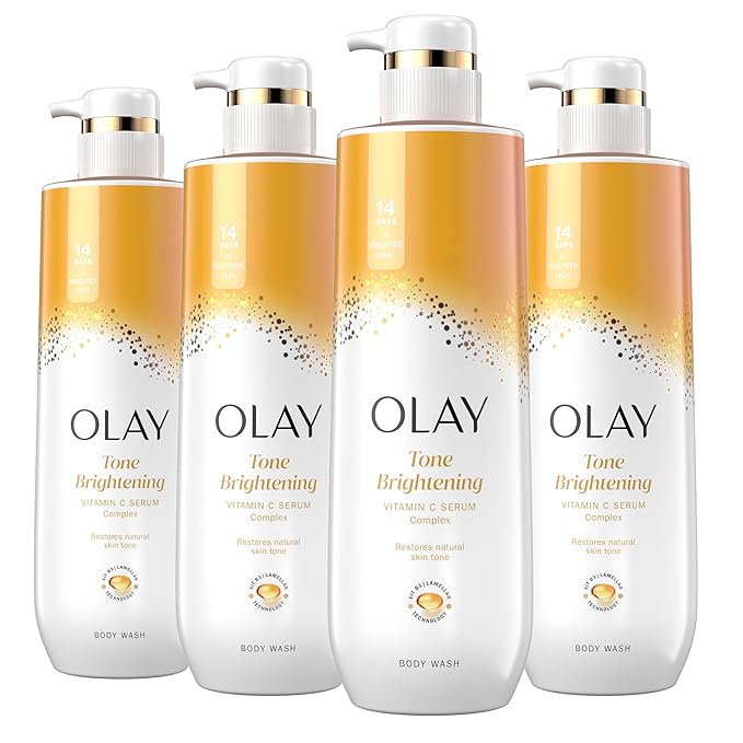 Olay Body Wash for Women, Tone Brightening Exfoliation, Vitamin C Serum Complex, Renew Moisture, Free of Parabens & Phthalates, Vitamin B3 Lameller Technology, For All Skin Types, 20 fl oz (Pack of 4)