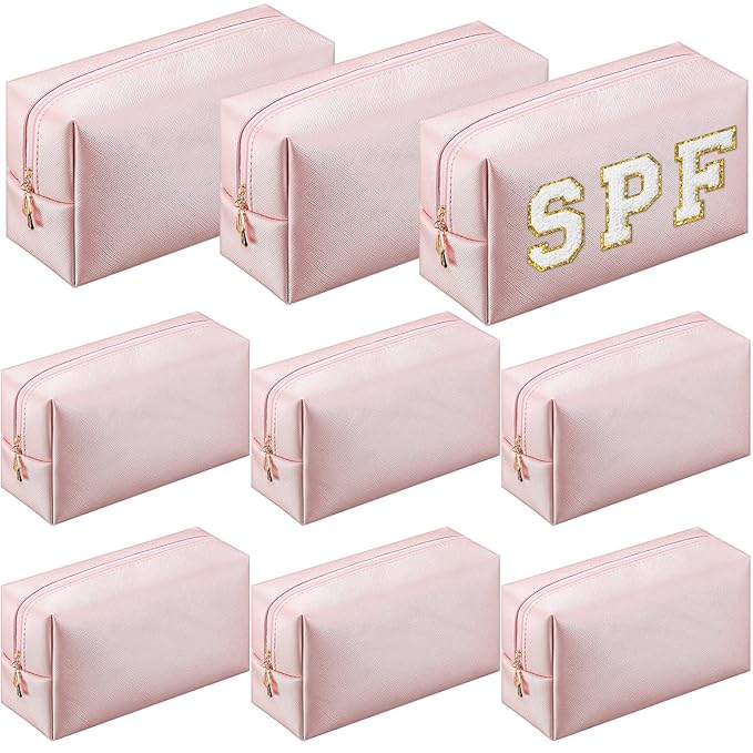 Sanwuta 9 Pcs Makeup Bags Bulk PU Double Zippers Cosmetic Bag Makeup Toiletry Christmas Small Pouch Portable Travel Organizers Case for Women Bridesmaid Party End of The Year(Rose Gold)