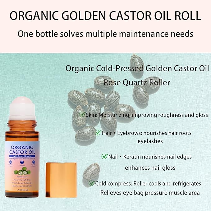 Organic Castor Oil with Rose Quartz Roller, 100% Pure Cold-Pressed, Organic Castor Oil Roll On Rose Quartz, Hexane-Free,Amber Glass Bottle for Skin 1.7oz (2)