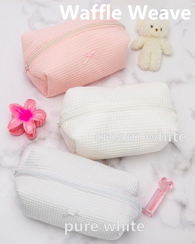 PAZIMIIK Cozy Makeup Bag Travel Cosmetic Bag for Women Soft Toiletry Bag Aesthetic Makeup Organizer Portable Large Zipper Pouch for Skincare Beauty Accessories Brushes Waffle Check Cream White