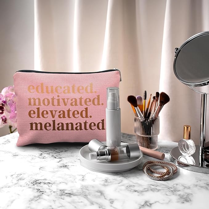 Nogrit African American Gifts,Black Women Gifts,Educated Motivated Elevated Melanated,Black Women Makeup Bag Cosmetic Bag, Melanin Makeup Travel Toiletry Bag,gifts for African American women/pink
