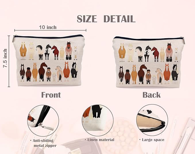 Cartoon Various Breeds Of Horses Group Makeup Bag Cosmetic Bag Zipper Pouch Toiletry Bags,Gifts For Horse Lovers Women Girls Horse Riders