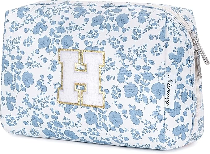 Narwey Birthday Gifts for Teen Girls Kids Women Personalized Initial Floral Makeup Bag Cute Cosmetic Trendy Stuff 6 8 10 11 12 13 14 16 18 Years Old Travel Toiletry Bag (Little Blue Flower H)
