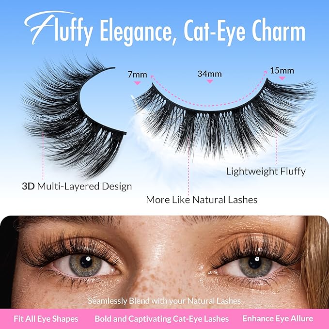 Bepholan False Eyelashes Natural Look Wispy 3D Super Fluffy False Lashes Volume Cat Eye Lashes 5 Pairs Faux Mink Lashes (DV05)