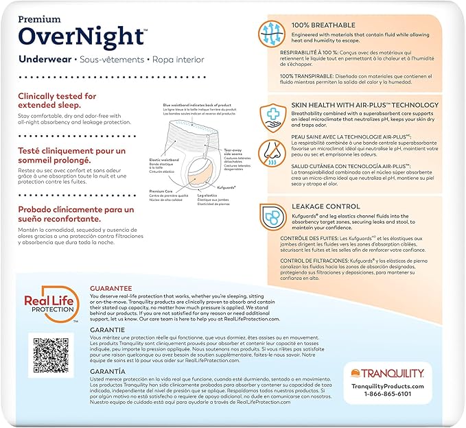 Tranquility Premium OverNight Disposable Absorbent Underwear (80 Count) - S, 22-36 in. Waist - Maximum Absorbency, All-Night Sleep, Breathable Comfort, 80 Adult Diapers