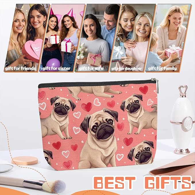 Makeup Bag Travel Cosmetic Bags Small Makeup Case Waterproof Zipper Pouch for Women Girls 7X9inches - Adorable Pug Pattern with Heart Elements