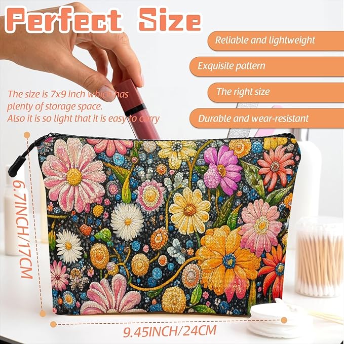 Cosmetic Bags Travel Makeup Toilet Case Waterproof Pouch for Women Girls 6.7X9.45inches - Colorful Flowers on A Black Background