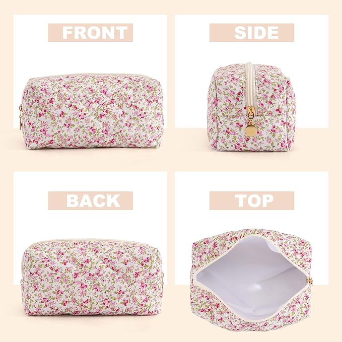 Makeup Bag Travel Toiletry Bag for Women, Small Cosmetic Bags Cute Quilted Cotton Makeup Pouch for Purse Emergency Bag for School Floral Pencil Case Accessory Bag, Spring