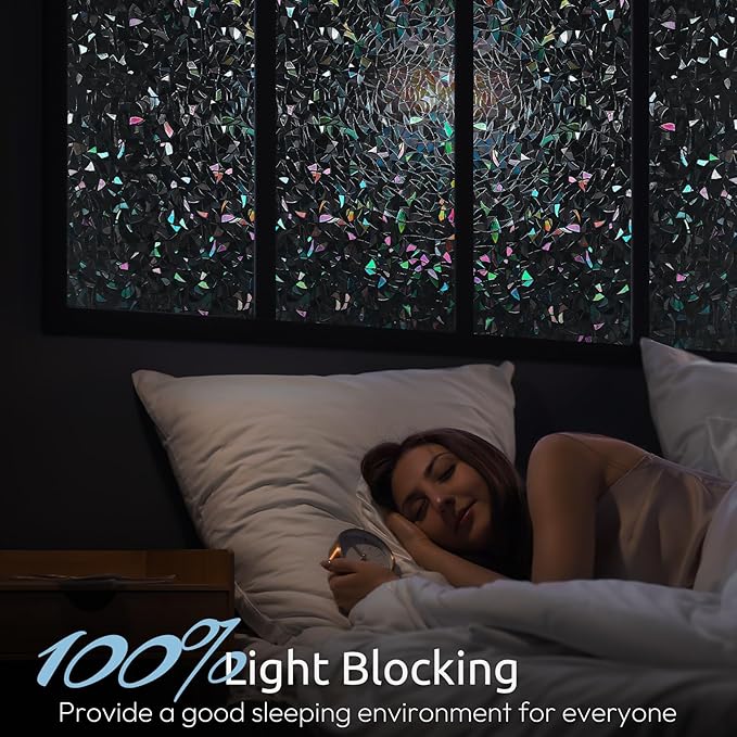 rabbitgoo Window Privacy Film Rainbow Film Decorative Window Sticker, 3D Static Stained Glass Cling Tint for Room Darkening Day Sleep, Black, 29.5 x 157.4 inches