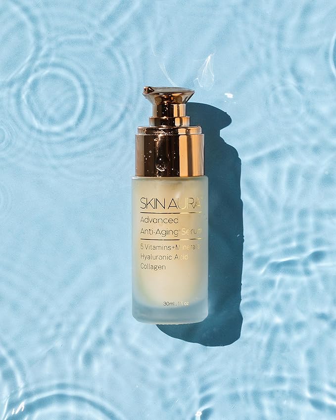 SKIN AURA™ Advanced Anti-Aging Serum - All-In-One Plant Derivative Formula Improves Wrinkles, Fine Lines & Age Spots with 5 Vitamins + Minerals, Hyaluronic Acid & Collagen Peptides - 30ml (1oz)