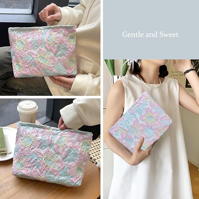 STARDW Aesthetic Floral Makeup Bag Cute Small Cosmetic Bags for Women Girls, Travel Toiletry Bag Large Capacity Zipper Makeup Pouch, Purse Organizer Pouches (Embossed Flower)
