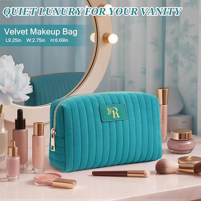Monogrammed Make Up Bags for Women,Personalized Cosmetic Bags Women,Small Quilted Makeup Pouch,Cute Makeup Bag Travel,Birthday Gifts for Teen Girl (Blue R)