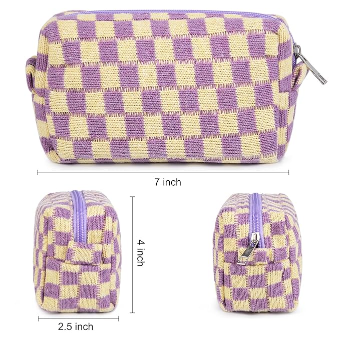 SOIDRAM 2 Pieces Makeup Bag Checkered Cosmetic Bag Purple Blue Makeup Pouch Travel Toiletry Bag Organizer Cute Makeup Brushes Storage Bag for Women