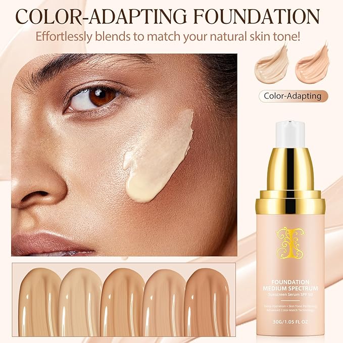 Colour Changing Foundation Liquid 4 in 1, Oil-free BB Cream Makeup, Hydrating Longwearing & Waterproof Concealer, SPF 50+ Makeup Base Nude Face, Foundation Medium Spectrum for all Skin(2PCS)