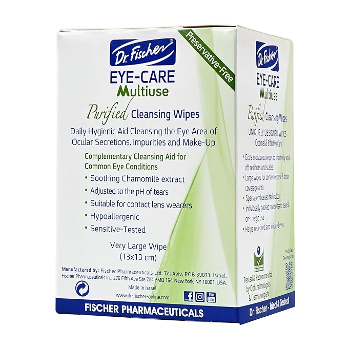 Dr. Fischer Eyelid Wipes - Hypoallergenic Preservative-Free Eye Cleansing Wipes for Sensitive Eyelids (Twin Pack).