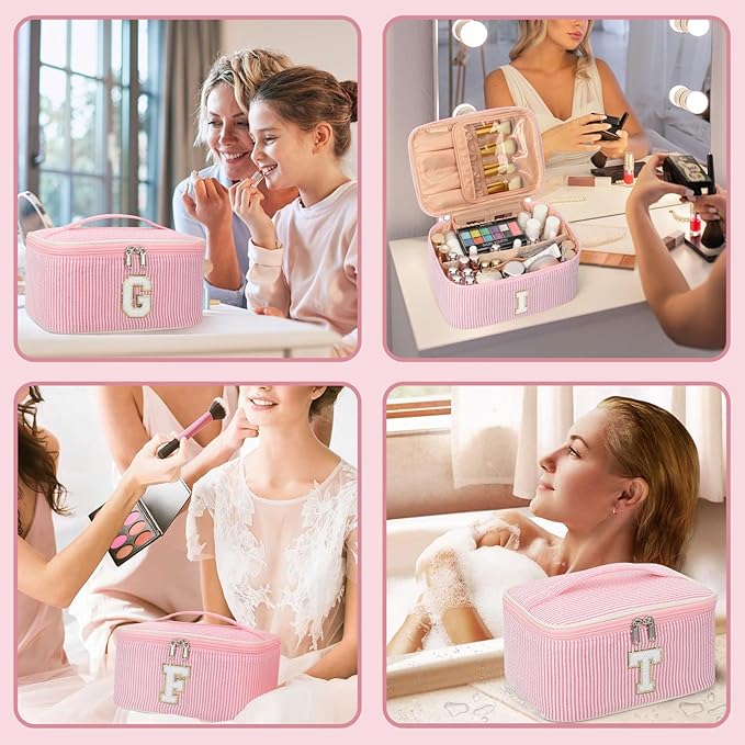 OCHEAL Makeup Bag for Women, Monogram Cosmetic Bag with Brush Holder, Pink Travel Makeup Case Beauty Toiletry Bag Organizer Personalized Gifts for Girls Bridesmaid, Sister, Wife, Friends Initial L