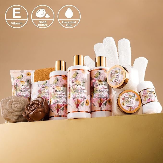 Christmas Gifts, Bath and Body Gift Set for Women and Men, Vanilla Coconut Birthday Gift Basket, 13pc Spa Gift Set, Gifts for Mom, Gift Sets for Women - Bath Bomb, Body Lotion, Bubble Bath & More