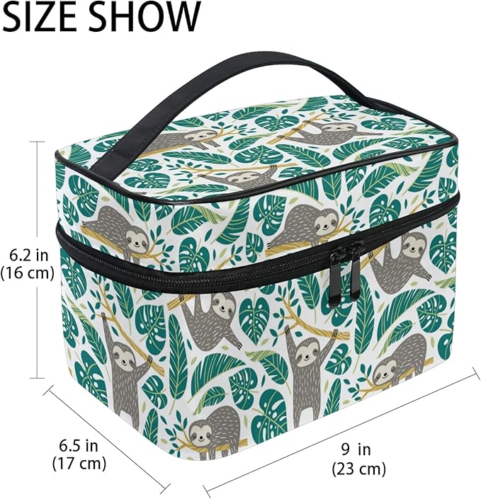 Makeup Bag, Cute Sloths And Tropical Palm Leaves Travel Makeup Organizer Bag Cosmetic Cases Toiletry Bags for Girl Women Ladies