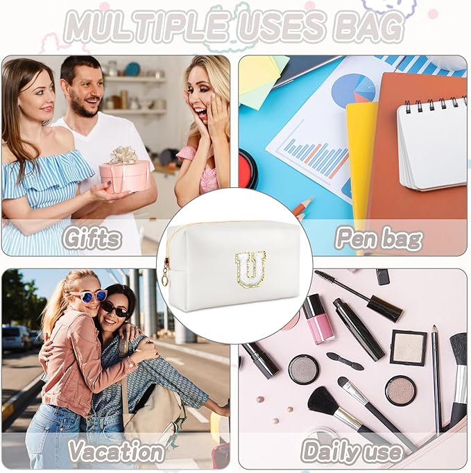 Gifts for Girls Initial Makeup Bag Personalized Cosmetic Bag with Zipper Cute Travel Toiletry Bags Waterproof PU Preppy Makeup Pouch Birthday Gift for Teen Girls Women(White U)