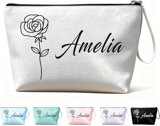 Personalized Makeup Bag Initial&Birth Flower Custom Small Travel Cosmetic Bag with Name Cute Makeup Bag for Women Girls