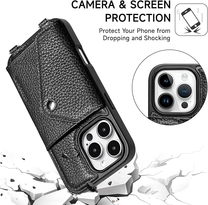 LUCKYCOIN Crossbody Wallet Phone Case for iPhone 16 Pro,100% Genuine Leather Wallet Phone Case with Expandable Flip Card Holder,Phone Purse for Women with Adjustable Removable Strap - Pebble Black