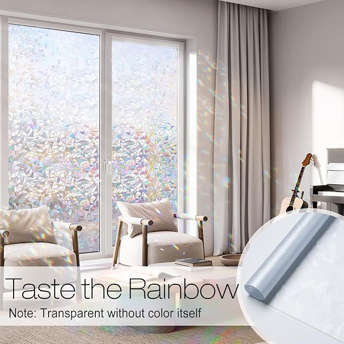 rabbitgoo Window Privacy Film Rainbow Film Decorative Window Sticker, 3D Static Stained Glass Cling Tint for Home Heat Control Non-Adhesive, 17.5 x 157.5 inches