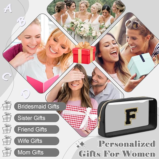 Personalized Initial Letter Clear Makeup Bag,Preppy Small Nylon&PVC Cosmetic Zipper Bag with Chenille Letter,Travel Skincare Toiletry Bag,Monogram Christmas Gift for Teen Girls Women,F