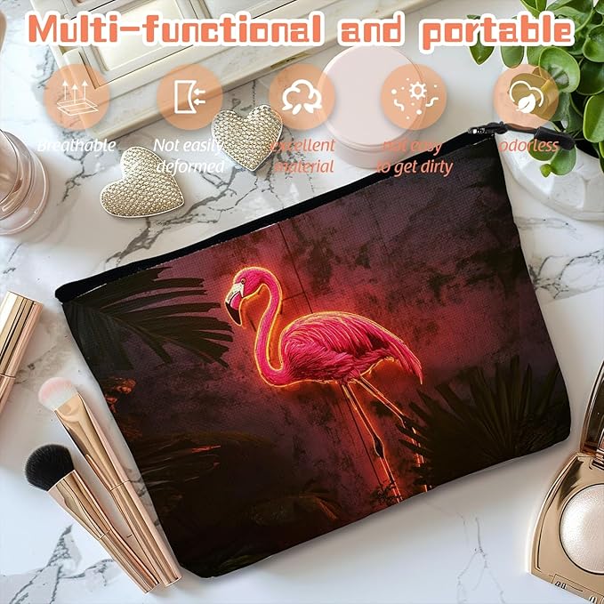 Cosmetic Bags Travel Makeup Toilet Case Waterproof Pouch for Women Girls 6.7X9.45inches - Pink Flamingo With Neon Lighting