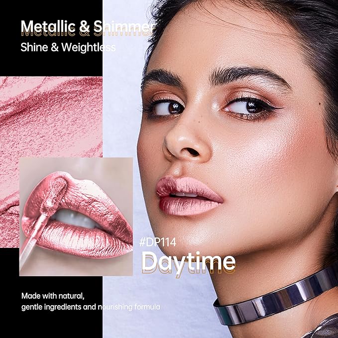light Pink Lipsticks for Women Metallic Lipstick Long Lasting Non Stick Cup Lip Gloss, Shimmer Lightweight Hydrating Full Coverage Lip Color, DP114 Daytime