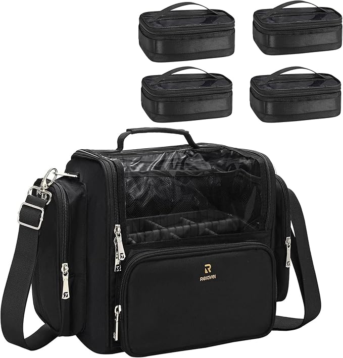 Makeup Brush Bag Extra Large Makeup Brush Case with 4 small bags Professional Makeup Artist Brush Holder Stand Up Organizer for Travel with Adjustable Dividers and Shoulder Strap