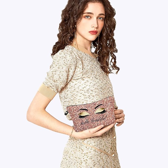Hello Beautiful Makeup Bag for Purse Eyelash Pink Cosmetic Bags for Women Inspirational Gift Small Funny Cosmetics Glitters Eyeshadows Travel Bag Cases for Toiletries Accessories Organizer